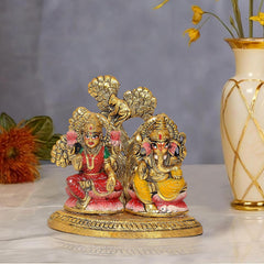 5-inch metal Lakshmi-Ganesha idol, seated figures on gold base
