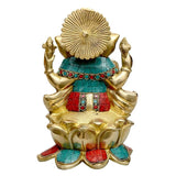 Brass Ganesha statue with multicolour stone finish, back view, ornate crown