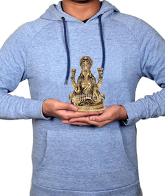 Brass Lakshmi and Ganesha idol held in hands, seated deities with raised arms