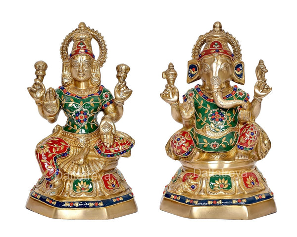 Brass Laxmi Ganesh Statue - Handcrafted Goddess Lakshmi and Lord Ganesha Idol for Home Decor and Pooja - Hindu Deities Figurine (Height 11.5 Inch) Entryway Setting