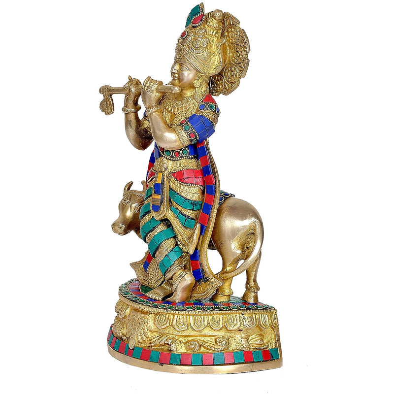 Brass Standing Krishna with Cow Idol Statue Murti, Height 12.5 inches