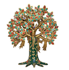 Brass kalpavriksha tree decor, jeweled leaves and green trunk, front view