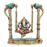 Brass Ganesha swing statue with two parrot holders and jeweled chains, turquoise and pink