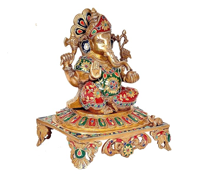 Brass Lord Ganesha Ganpati Idol Statue Murti Figurine Home Office Temple mandir, Height 13 Inches