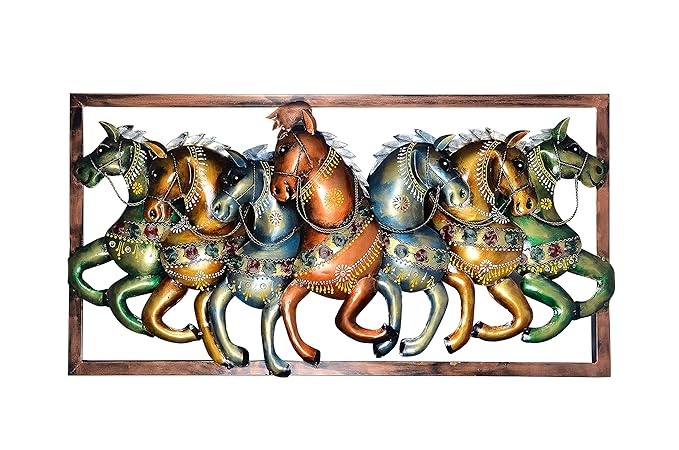Framed iron wall hanging with seven running horses in gold, blue, and green