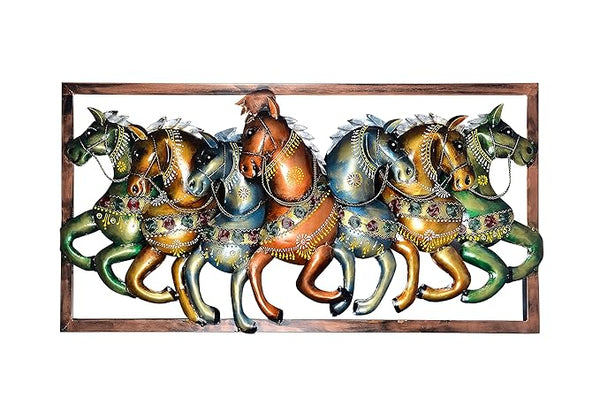 Iron 7 Seven Running Horses Framed Wall Hanging For Good Luck (Height: 20 Inches) Mandir Setting