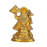 Brass Hanuman statue back view with Sanjivani parvat and base, 6.5 in