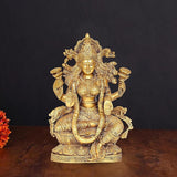 Maa Lakshmi brass idol figurine, seated with ornate crown and four arms