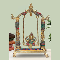 Brass Ganesha jhula with stone work, arched frame and chains, 12 in