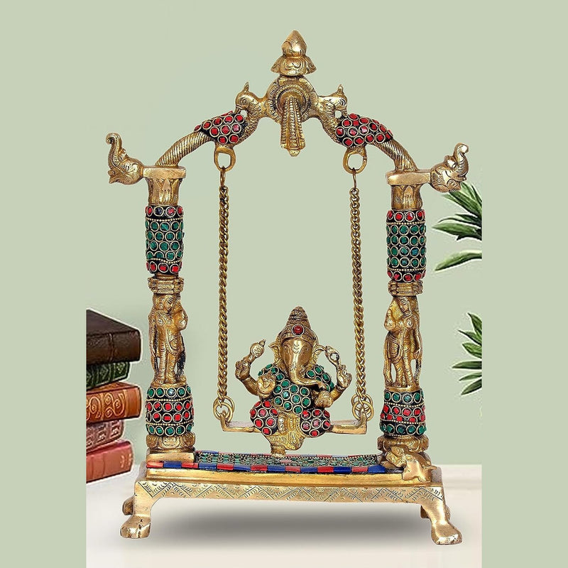 Brass Ganesha Swing Jhula Statue with Stone Work for Home Decor | Height : 12 Inches