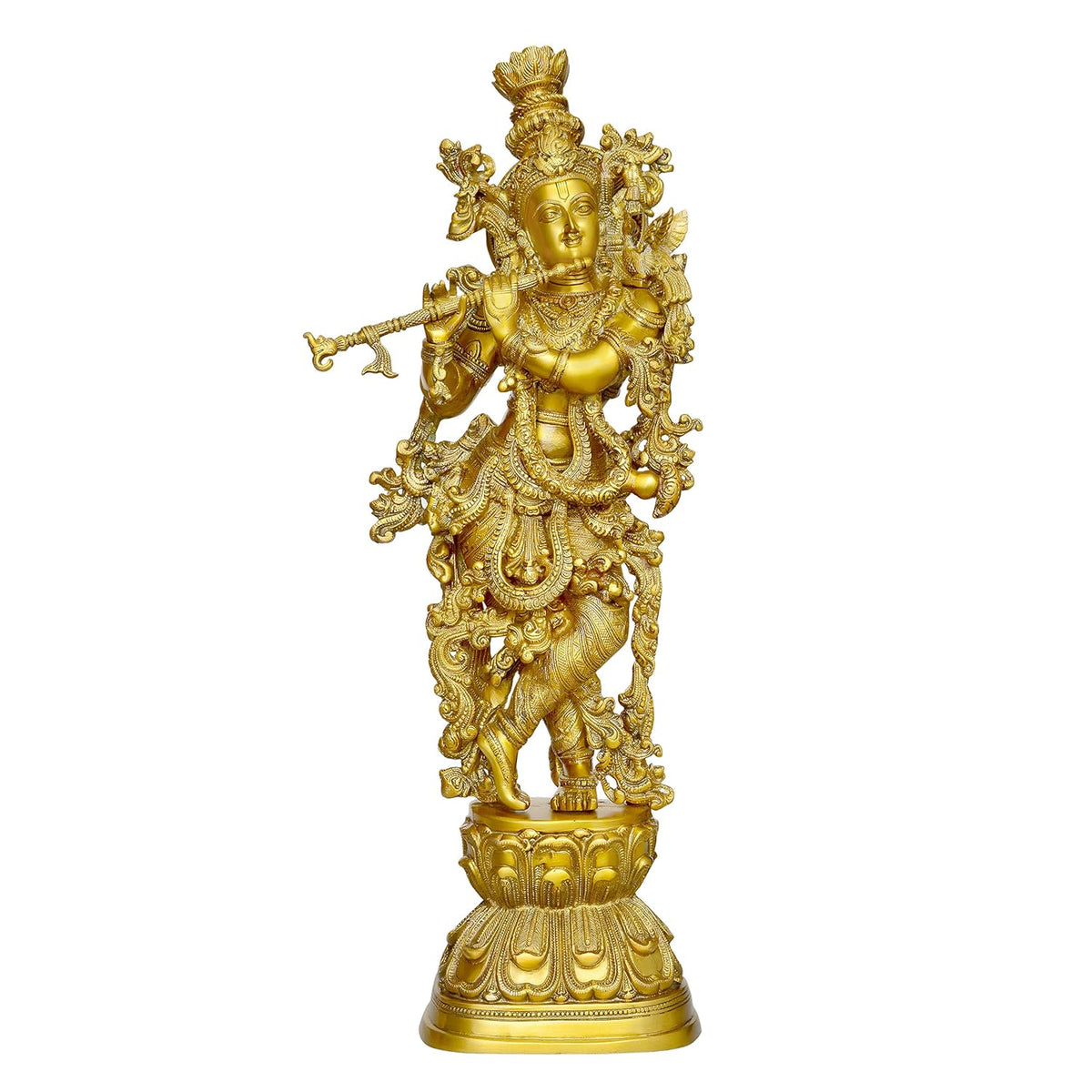 Golden brass Krishna sculpture with ornate crown, jewelry, standing on base