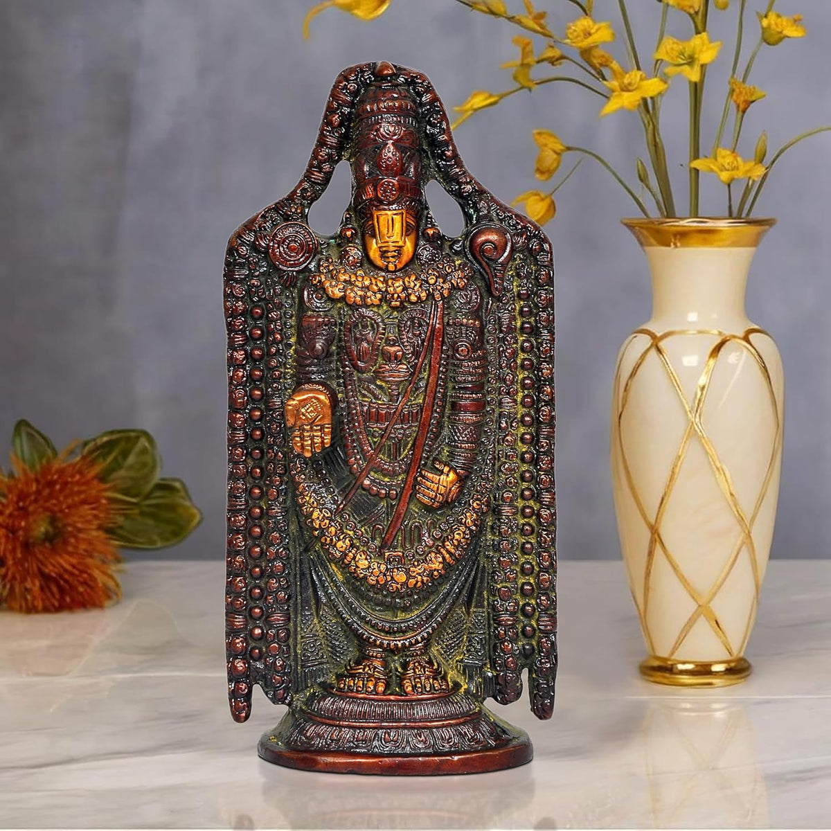 Brass Tirupati Balaji idol statue, multicolour detailed cloak and golden face