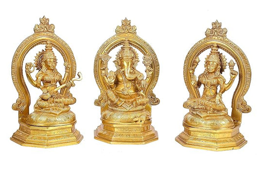 Brass Goddess Lakshmi Ganesha Saraswati Statue Set of 3 Idol Statue Height 12 Inch