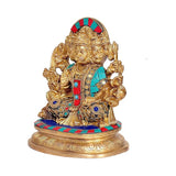 Brass Panchmukhi Hanuman idol, side view: ornate gold face details, multicolor headpiece