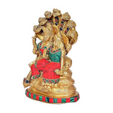 Brass Vishnu-Lakshmi statue on Sheshnag, side view with red attire and jeweled adornments
