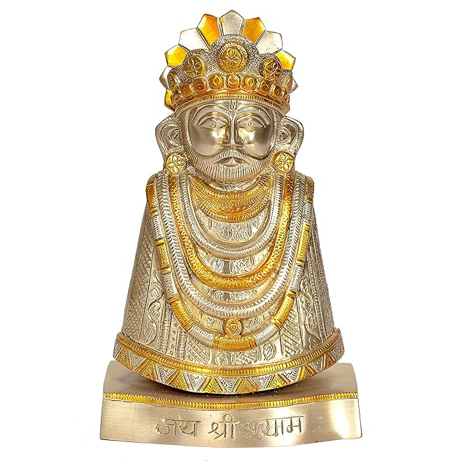 Brass Khatushyam idol figurine, crowned face with gold detailing and inscribed base