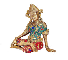 Sitting Indra brass idol, front view, gold details with teal and red inlay patterns