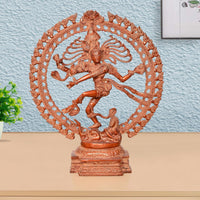 AONA Lord Shiva dancing brass idol with circular ornate frame, orange finish