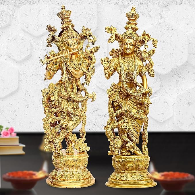 Brass Radha Krishna Idol Statue Sculpture Figurine for Home Temple Office Gift Multicolour Height 15 Inches Craft Detail