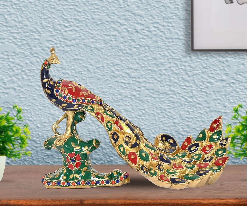 Brass Peacock Multicolour Sculpture (Height 8.5 Inch)