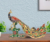Multicolour brass peacock sculpture with fan-like tail and jeweled body