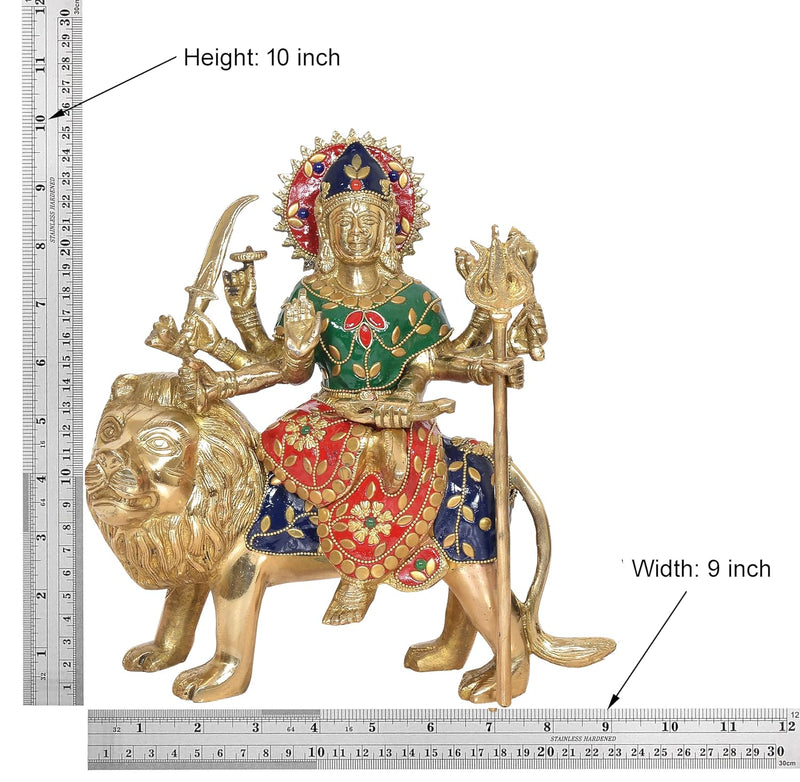 Brass Durga Maa with Lion Idol Hindu Goddess Sherawali MATA Murti MATA Rani Statue Figurine Home Temple (Height: 10 Inch)