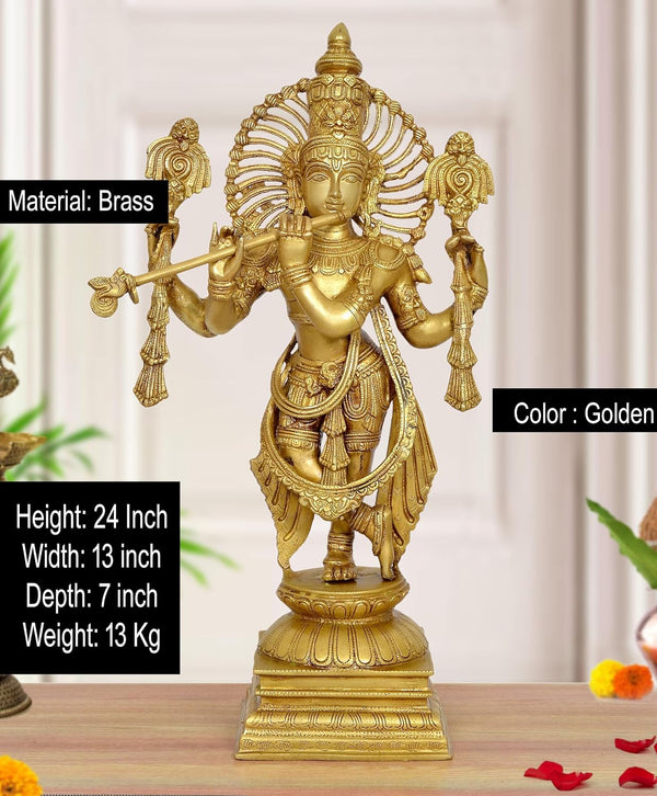 Brass Lord Krishna in His Glorious Avatar Sculpture Playing Flute (Height: 24 inch) Entryway Setting