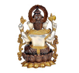 Ganesha brass idol, front view, seated posture, gold trim on brown patterned base