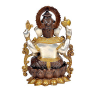 Ganesha brass idol, front view, seated posture, gold trim on brown patterned base