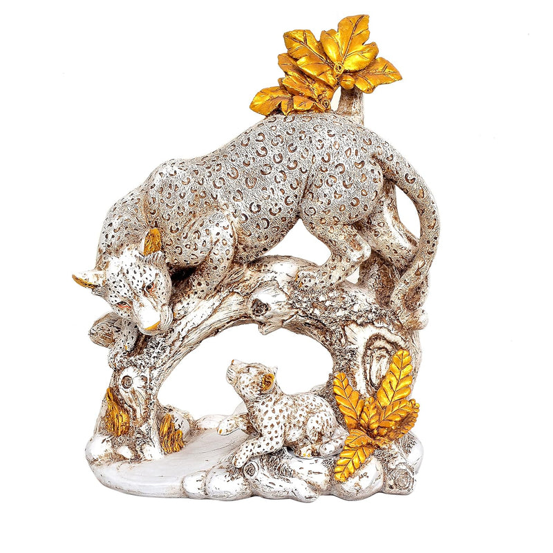 Resin Cheeta Leopard with Cubs  Showpiece (Height: 12 Inches)