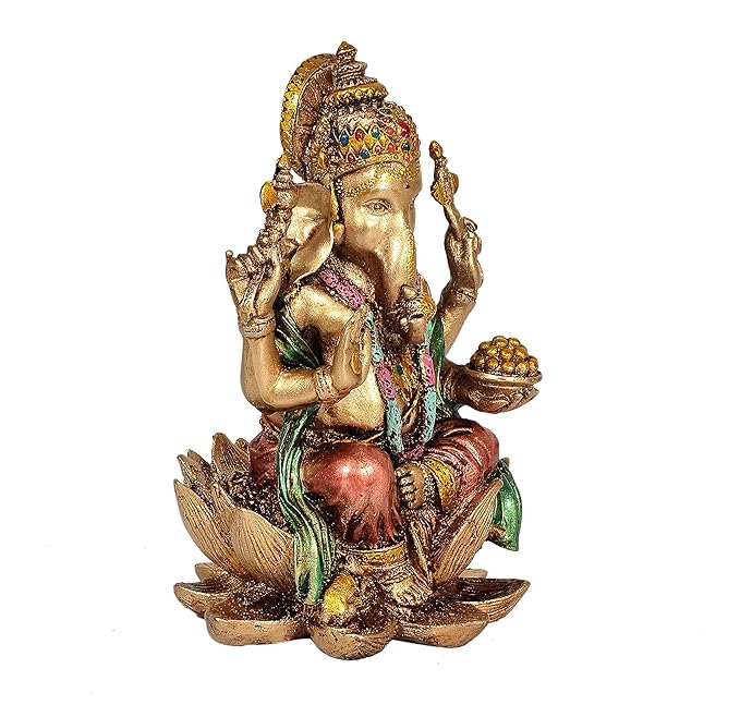 Cold Cast Handcrafted Lord Ganesha Ganesh Murti Sitting On Lotus in Resin, Height : 7 inch, Multicolor