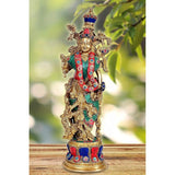 Brass Radha Rani idol (15 in): jeweled crown, teal/red attire, raised arms