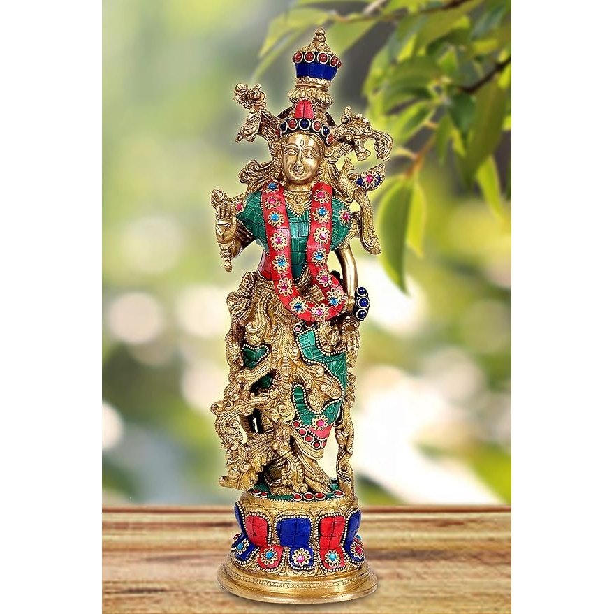 Brass Radha Rani idol (15 in): jeweled crown, teal/red attire, raised arms