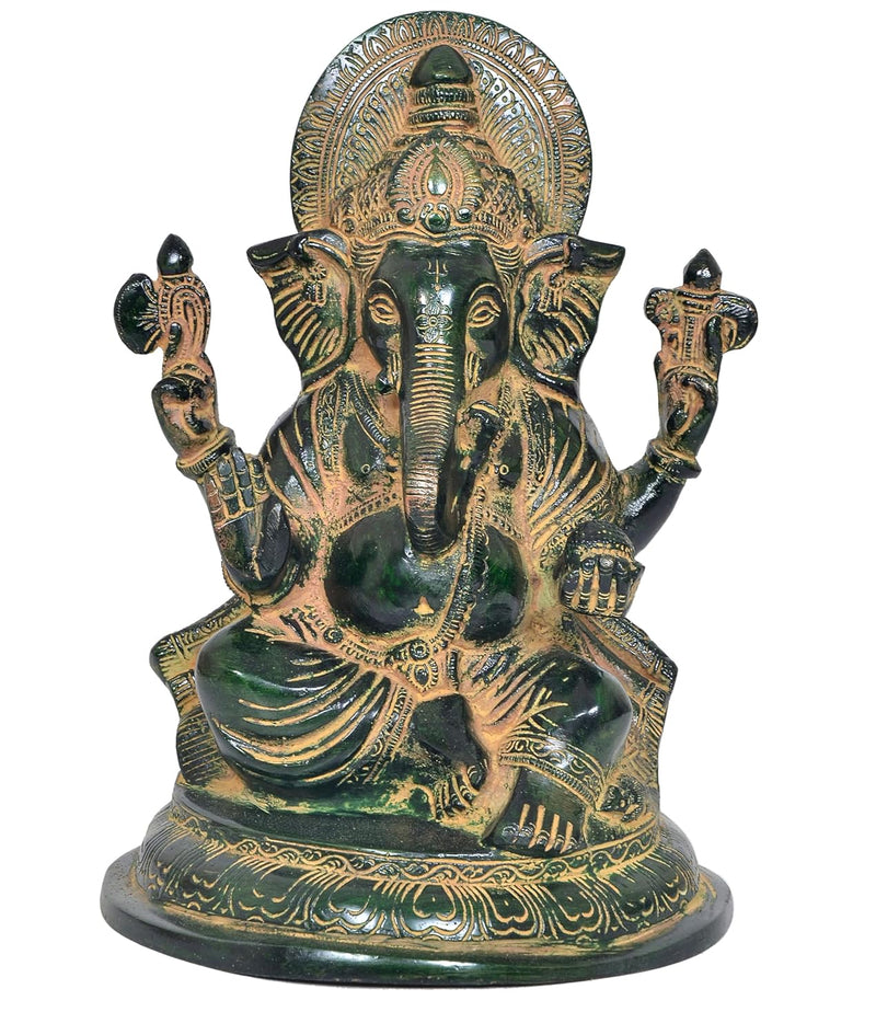 Brass Lord Ganesha Idol Sitting Ganesh Statue Decorative Sculpture for Home Decor Office Mandir Pooja Temple (Height 9 Inch)