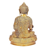 Rückansicht der Messing-Buddha-Statue, goldfarben, feine Gravur an Gewand und Sockel