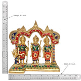 Brass ram darbar idol, 9.5 in tall, three standing deity figures with jeweled accents