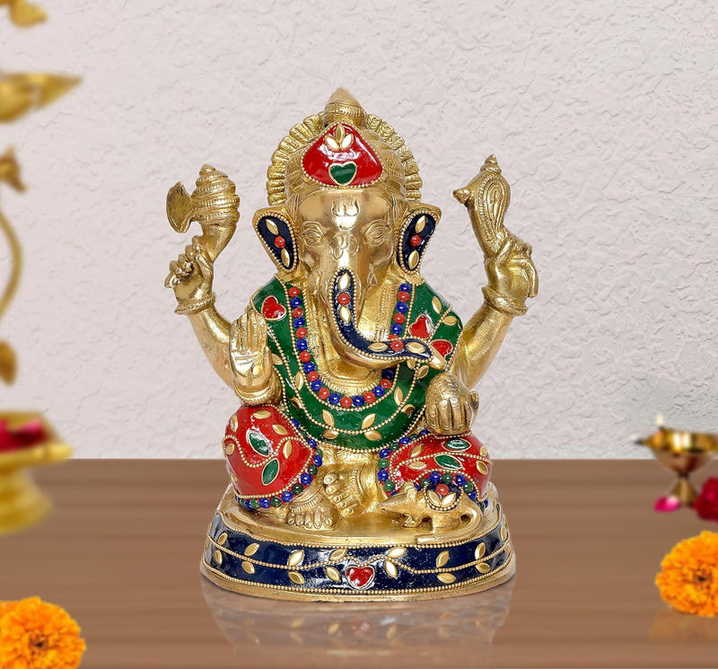 Brass Lord Ganesha Idol Ganesh Statue Decorative Sculpture for Home Decor Mandir Office Pooja Showpiece (Height 8 Inch)