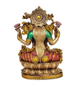 Lakshmi resin idol back view, gold halo, green body, red patterned draped skirt, seated