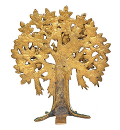 Brass kalpavriksha tree figurine, cutout gold branches, green-edged base