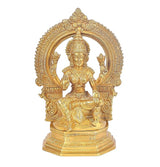 Brass Lakshmi idol, 10-inch, front view with detailed crown, halo, and jewelry