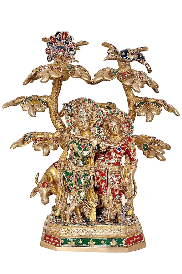 Brass Radha Krishna with cow under the Tree idol (Height : 18 inches)