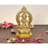 Brass Lakshmi idol statue with raised arms in ornate circular halo, 12 inch