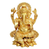 Brass Mangalkari Ganesha statue, ornate crown, raised hands, seated on detailed base