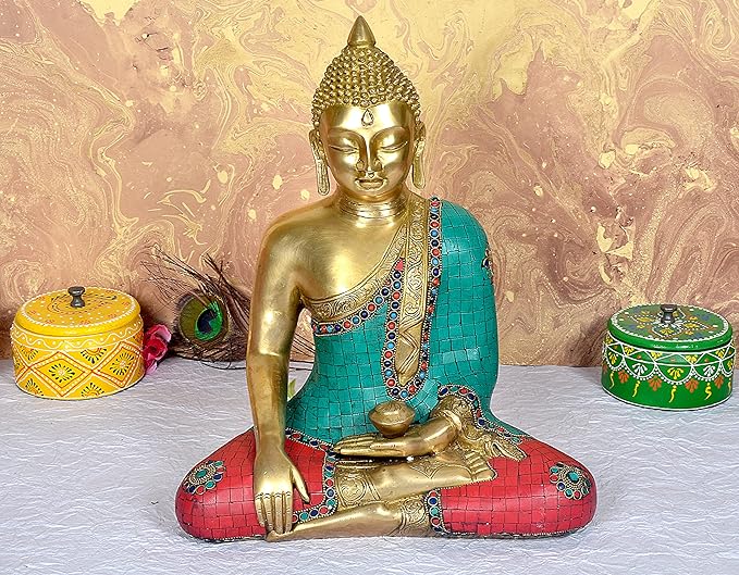Brass Buddha murti, 15-inch seated in bhumisparsha mudra with teal and red inlay