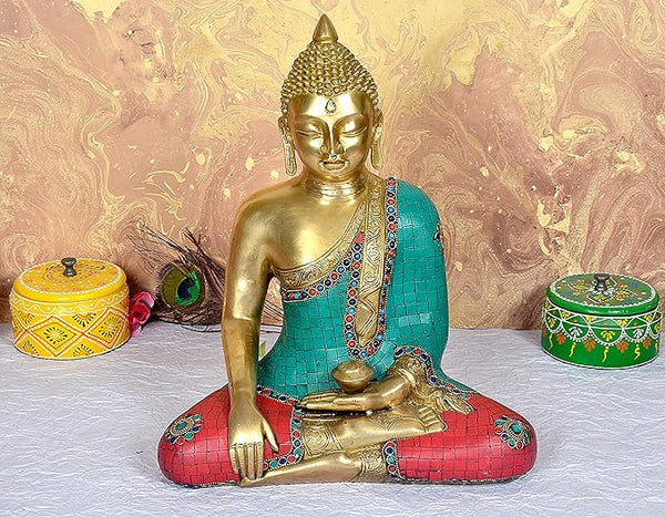 Brass Buddha Bhumisparsha Mudra Murti (Height: 15 inches)
