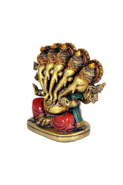 Panchmukhi Ganesha resin idol side view, five gold faces, red drape, green sash