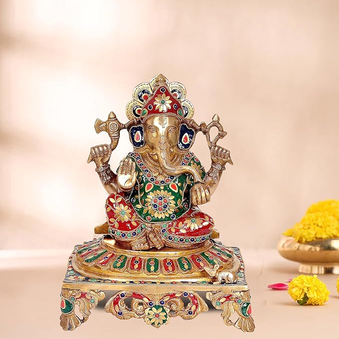 Brass Lord Ganesha Ganpati Idol Statue Murti Figurine Home Office Temple mandir, Height 13 Inches