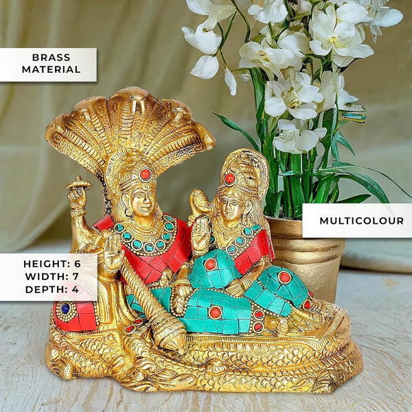 Brass Lord Vishnu and Lakshmi Maa On Shesha Naag Idol (Height : 6 inch) Study Setting