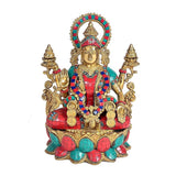 Brass Dhan Lakshmi idol, seated with four arms, jeweled crown and halo