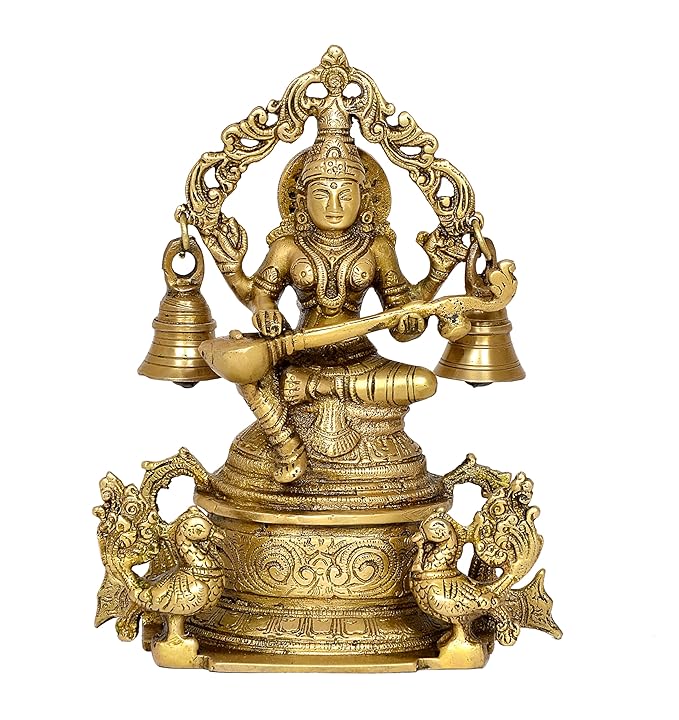 Brass Goddess Saraswati Sitting On Throne (Height: 8 Inch)